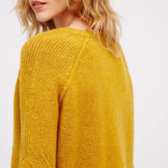 Free People Lovely Lines Pullover Wool Sweater Mustard Sunstone Combo SZ Medium - Picture 3 of 14